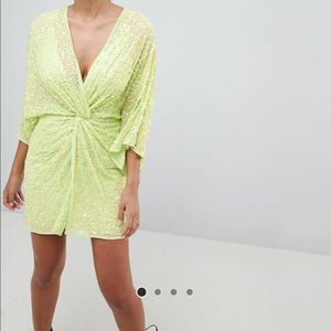 ASOS Neon Green Sequin Knot Front Kimono Mini